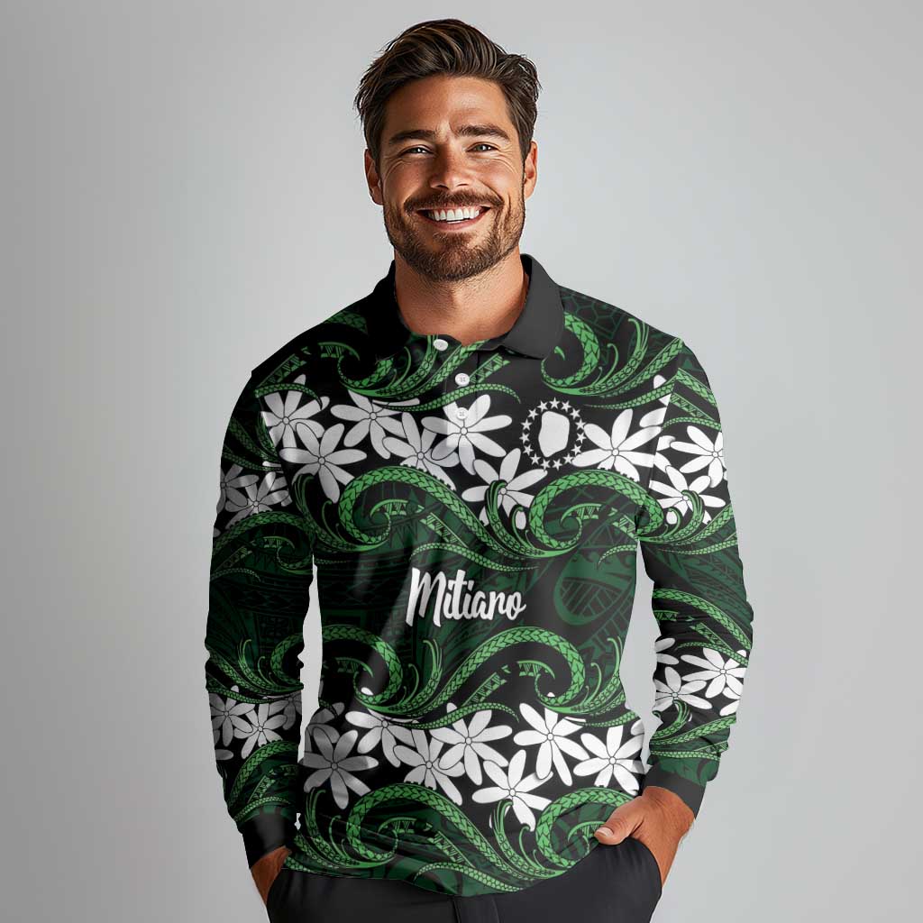 Personalised Cook Islands Mitiaro Long Sleeve Polo Shirt Tiare Maori Polynesian Waves Tattoo LT14 - Polynesian Pride