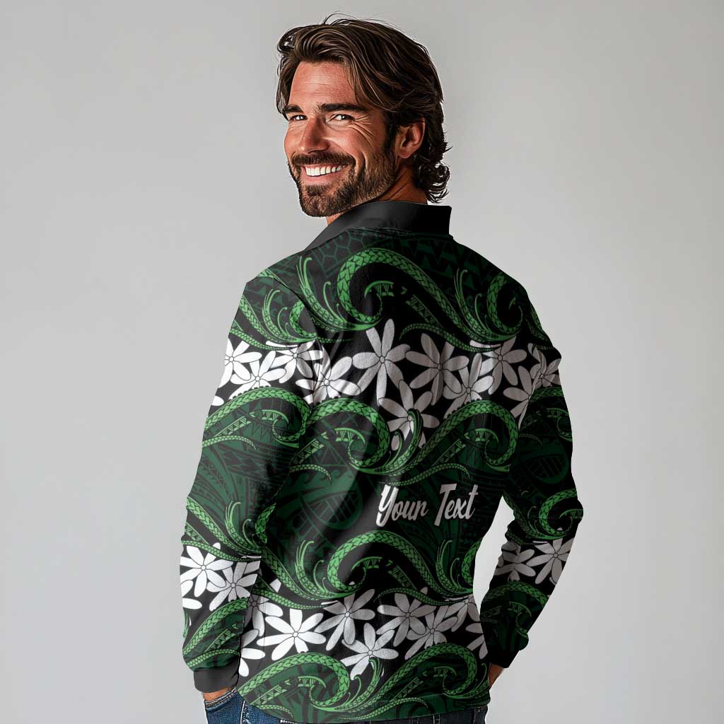 Personalised Cook Islands Mitiaro Long Sleeve Polo Shirt Tiare Maori Polynesian Waves Tattoo LT14 - Polynesian Pride