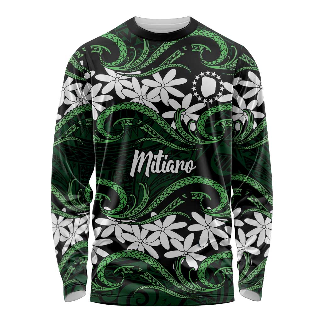 Personalised Cook Islands Mitiaro Long Sleeve Shirt Tiare Maori Polynesian Waves Tattoo LT14 Unisex Green - Polynesian Pride