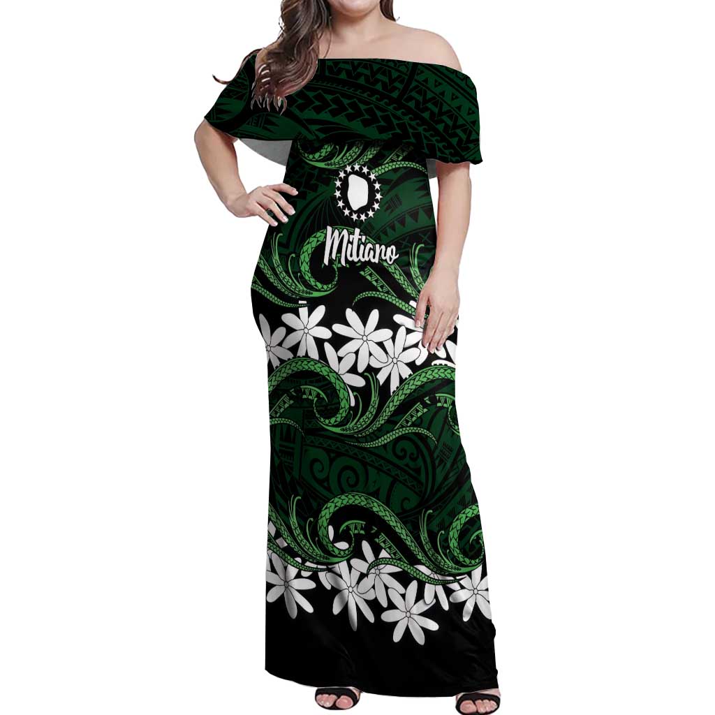 Personalised Cook Islands Mitiaro Off Shoulder Maxi Dress Tiare Maori Polynesian Waves Tattoo LT14 Women Green - Polynesian Pride