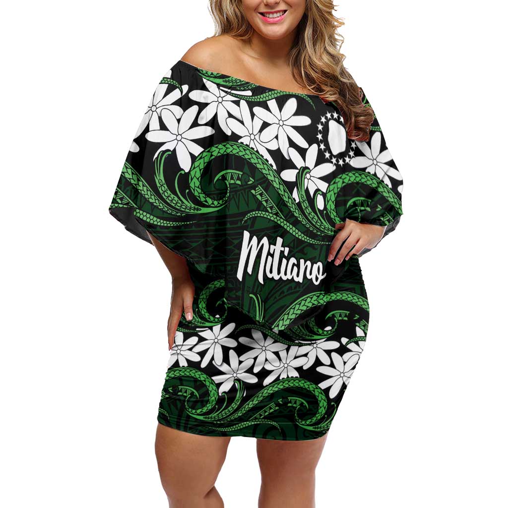 Personalised Cook Islands Mitiaro Off Shoulder Short Dress Tiare Maori Polynesian Waves Tattoo LT14 Women Green - Polynesian Pride