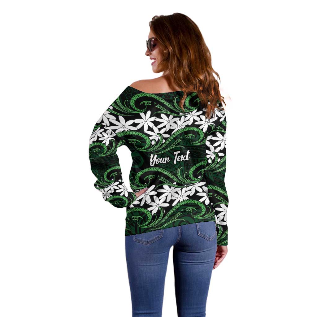 Personalised Cook Islands Mitiaro Off Shoulder Sweater Tiare Maori Polynesian Waves Tattoo LT14 - Polynesian Pride