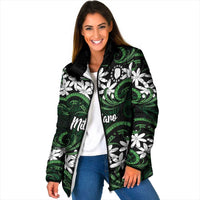 Personalised Cook Islands Mitiaro Padded Jacket Tiare Maori Polynesian Waves Tattoo LT14 Women Green - Polynesian Pride