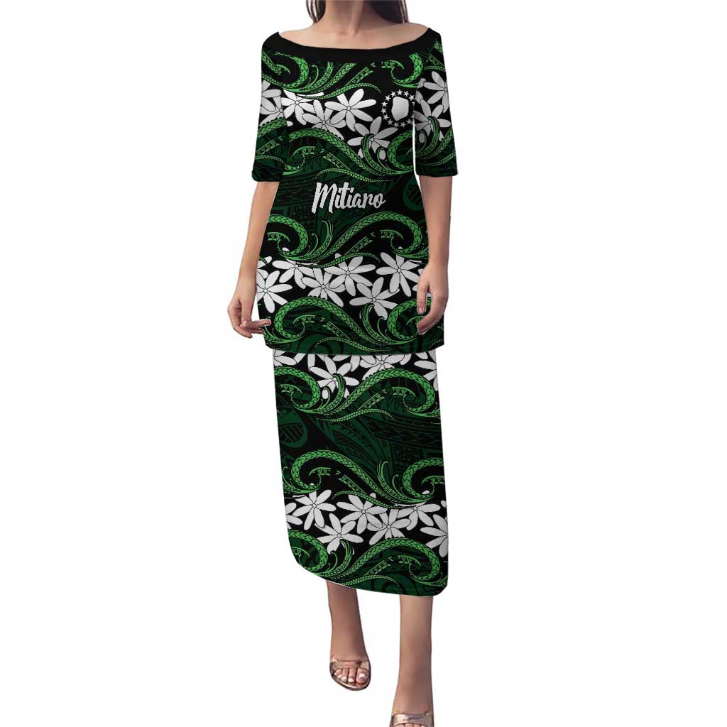 Personalised Cook Islands Mitiaro Puletasi Tiare Maori Polynesian Waves Tattoo LT14 Long Dress Green - Polynesian Pride
