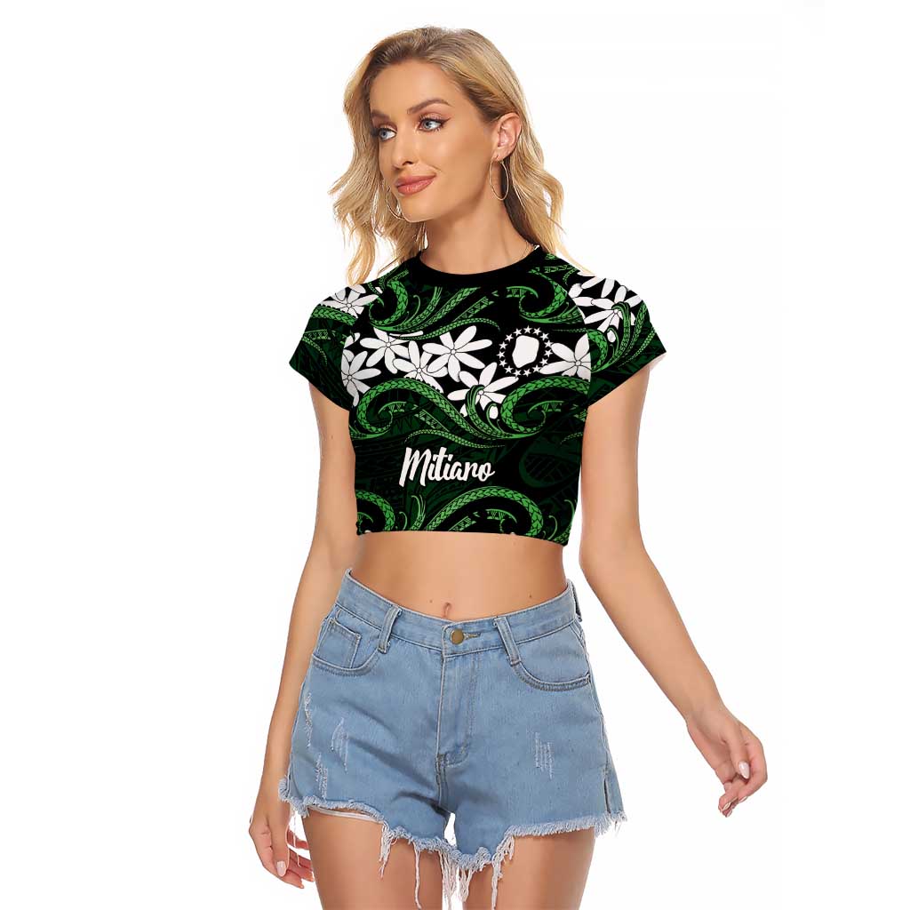 Personalised Cook Islands Mitiaro Raglan Cropped T Shirt Tiare Maori Polynesian Waves Tattoo LT14 Female Green - Polynesian Pride
