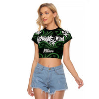 Personalised Cook Islands Mitiaro Raglan Cropped T Shirt Tiare Maori Polynesian Waves Tattoo LT14 Female Green - Polynesian Pride