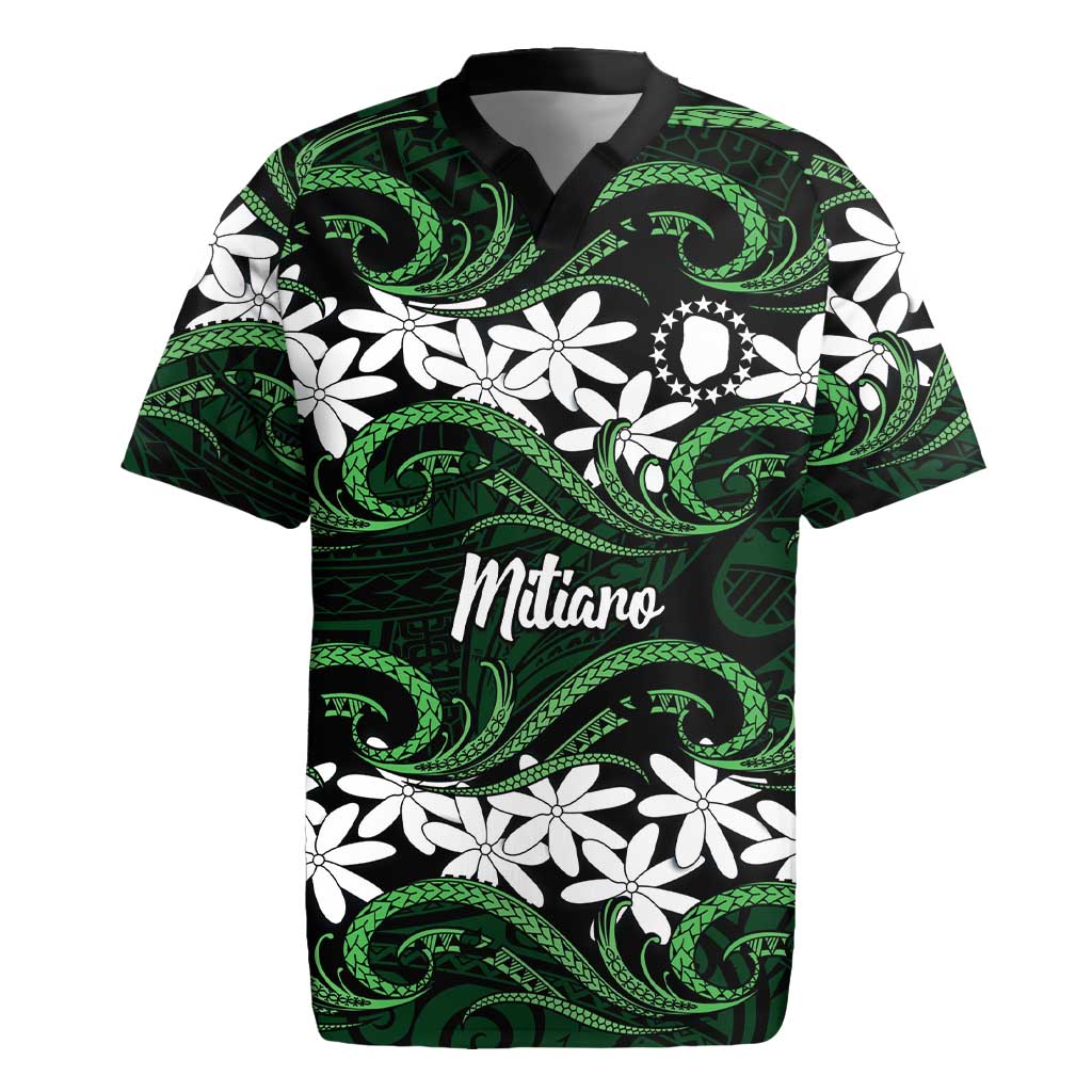 Personalised Cook Islands Mitiaro Rugby Jersey Tiare Maori Polynesian Waves Tattoo LT14 Green - Polynesian Pride