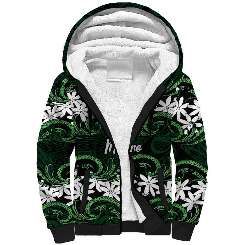 Personalised Cook Islands Mitiaro Sherpa Hoodie Tiare Maori Polynesian Waves Tattoo LT14 Unisex Green - Polynesian Pride