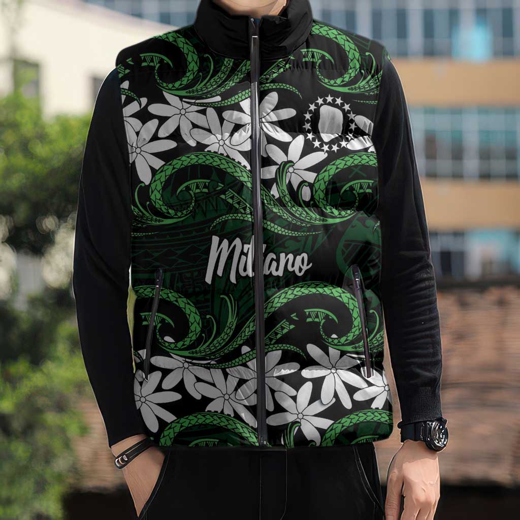 Personalised Cook Islands Mitiaro Sleeveless Puffer Jacket Tiare Maori Polynesian Waves Tattoo LT14 - Polynesian Pride