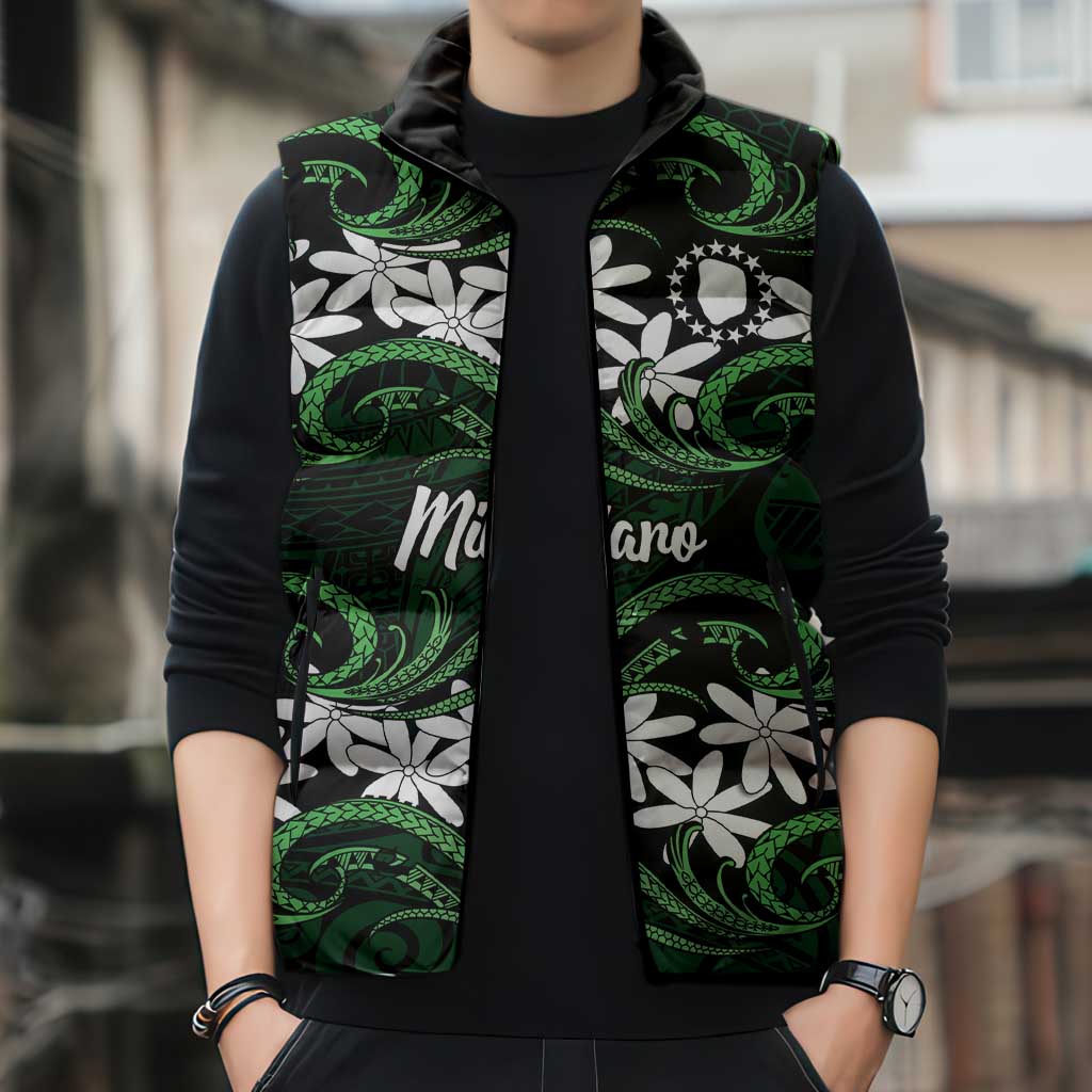 Personalised Cook Islands Mitiaro Sleeveless Puffer Jacket Tiare Maori Polynesian Waves Tattoo LT14 - Polynesian Pride