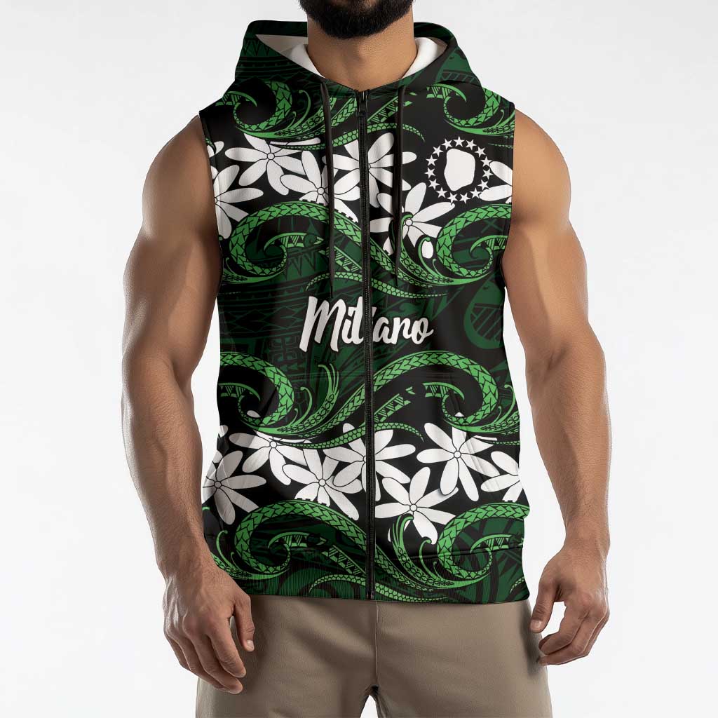 Personalised Cook Islands Mitiaro Sleeveless Zip Hoodie Tiare Maori Polynesian Waves Tattoo LT14 - Polynesian Pride