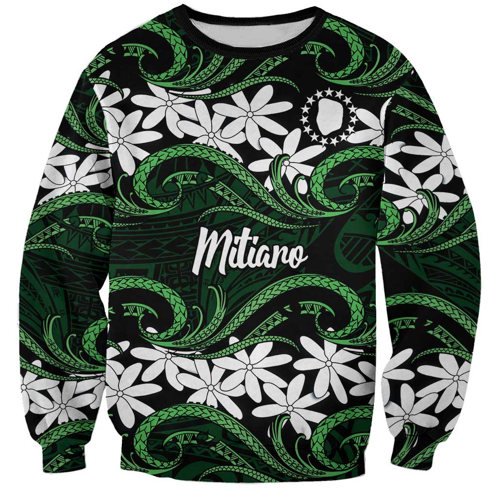 Personalised Cook Islands Mitiaro Sweatshirt Tiare Maori Polynesian Waves Tattoo LT14 Unisex Green - Polynesian Pride