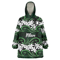 Personalised Cook Islands Mitiaro Wearable Blanket Hoodie Tiare Maori Polynesian Waves Tattoo LT14 One Size Green - Polynesian Pride