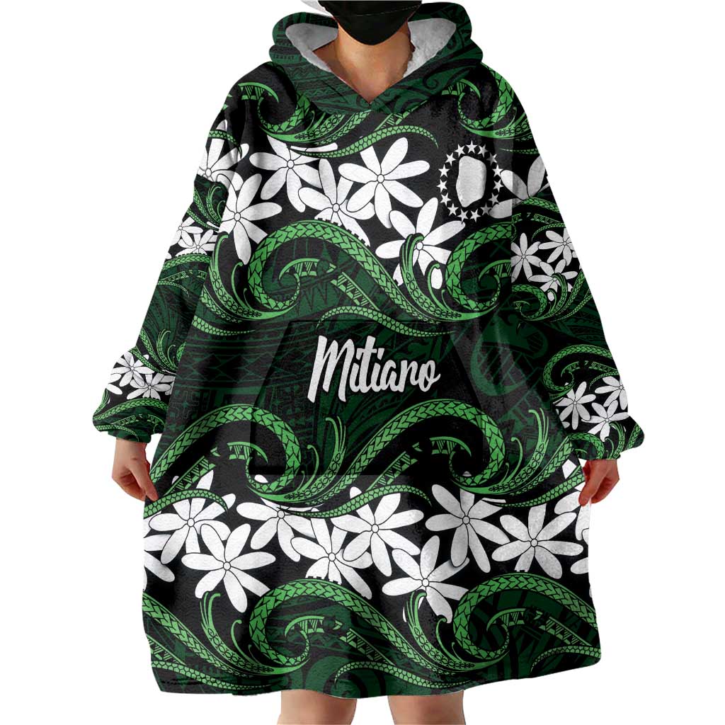 Personalised Cook Islands Mitiaro Wearable Blanket Hoodie Tiare Maori Polynesian Waves Tattoo LT14 - Polynesian Pride