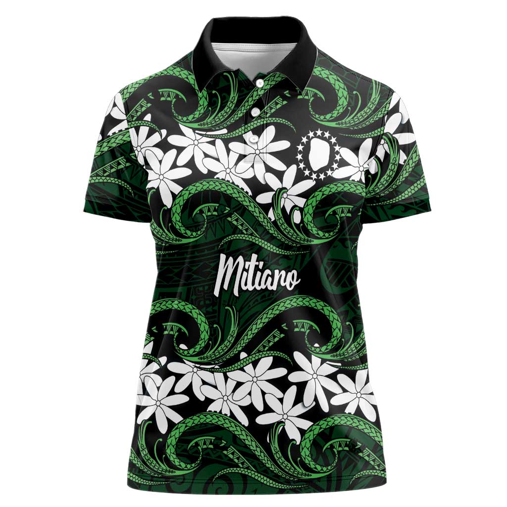 Personalised Cook Islands Mitiaro Women Polo Shirt Tiare Maori Polynesian Waves Tattoo LT14 Female Green - Polynesian Pride