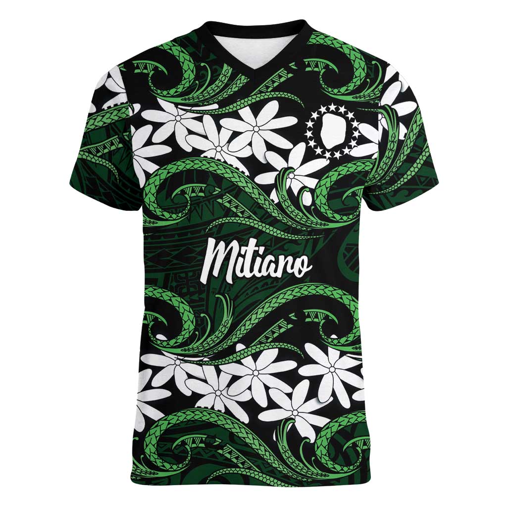 Personalised Cook Islands Mitiaro Women V-Neck T-Shirt Tiare Maori Polynesian Waves Tattoo LT14 Female Green - Polynesian Pride