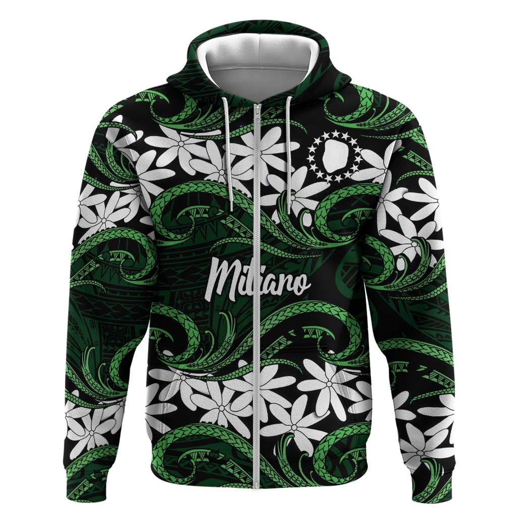 Personalised Cook Islands Mitiaro Zip Hoodie Tiare Maori Polynesian Waves Tattoo LT14 Zip Hoodie Green - Polynesian Pride