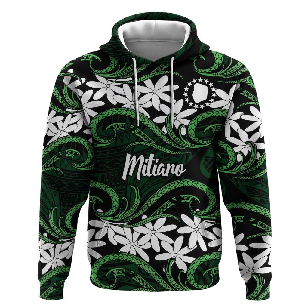 Personalised Cook Islands Mitiaro Zip Hoodie Tiare Maori Polynesian Waves Tattoo LT14 Pullover Hoodie Green - Polynesian Pride