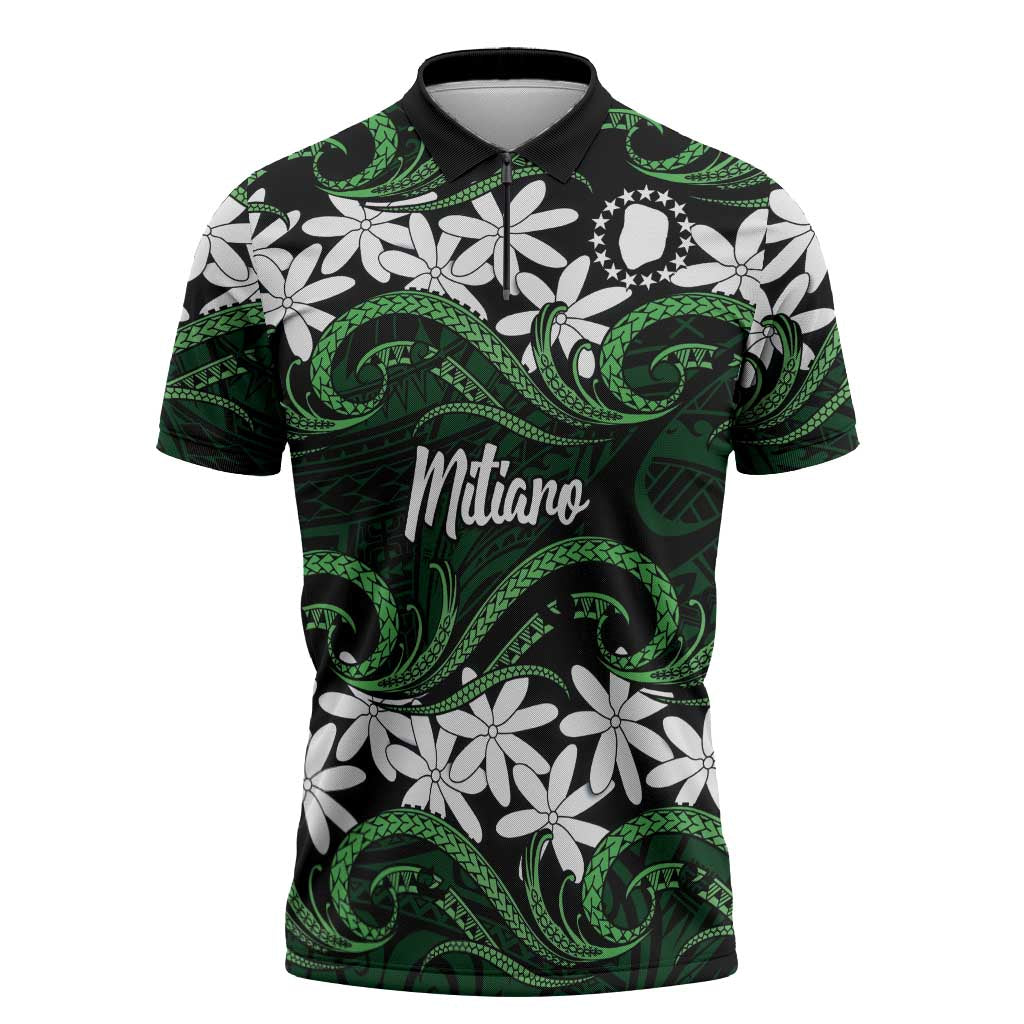 Personalised Cook Islands Mitiaro Zipper Polo Shirt Tiare Maori Polynesian Waves Tattoo LT14 Green - Polynesian Pride