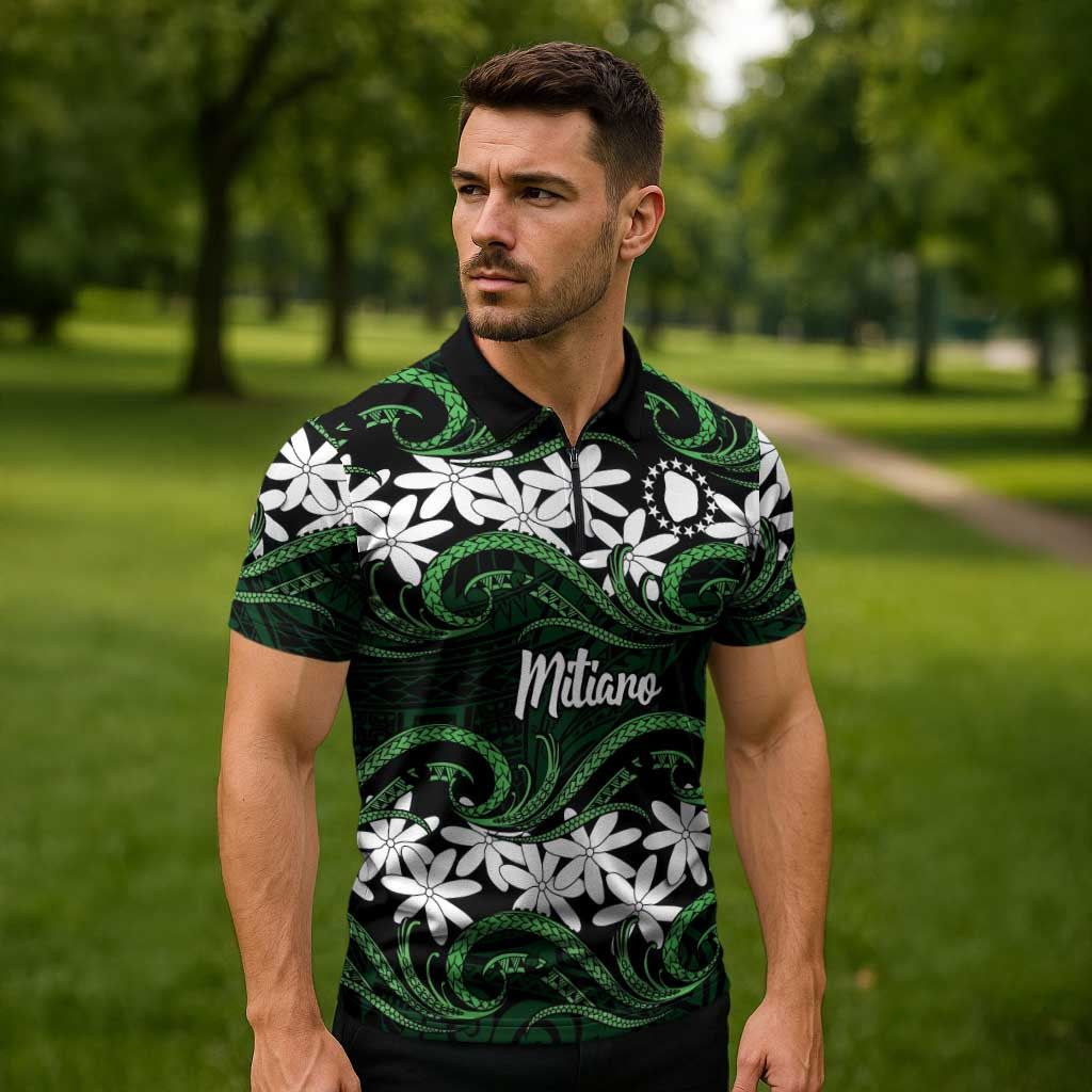 Personalised Cook Islands Mitiaro Zipper Polo Shirt Tiare Maori Polynesian Waves Tattoo LT14 - Polynesian Pride