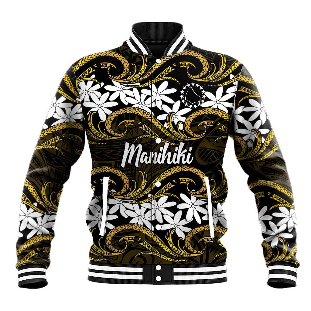 Personalised Cook Islands Manihiki Baseball Jacket Tiare Maori Polynesian Waves Tattoo LT14 Unisex Gold - Polynesian Pride