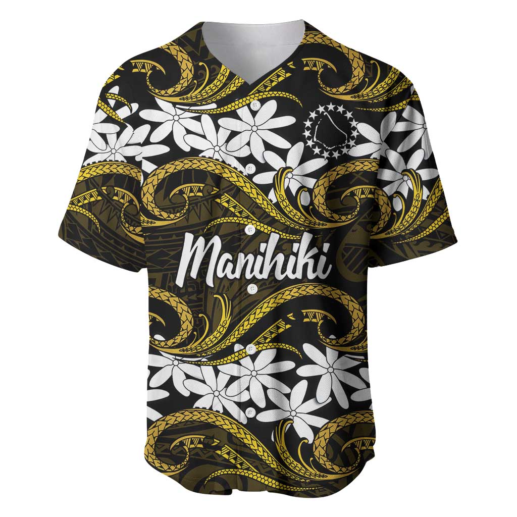 Personalised Cook Islands Manihiki Baseball Jersey Tiare Maori Polynesian Waves Tattoo LT14 Gold - Polynesian Pride