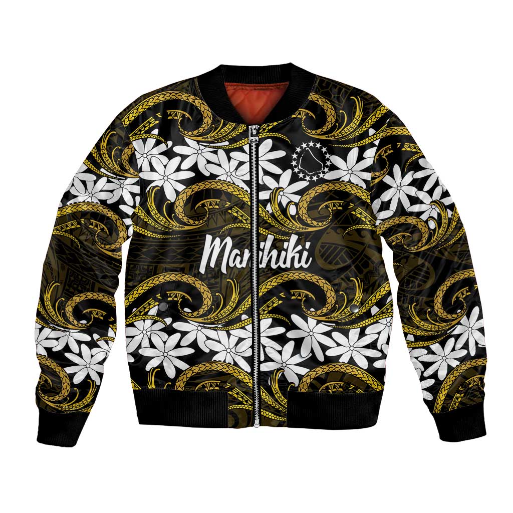 Personalised Cook Islands Manihiki Bomber Jacket Tiare Maori Polynesian Waves Tattoo LT14 Unisex Gold - Polynesian Pride