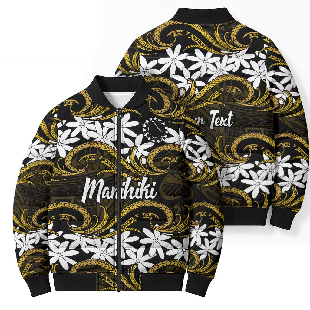 Personalised Cook Islands Manihiki Bomber Puffer Jacket Tiare Maori Polynesian Waves Tattoo LT14 - Polynesian Pride