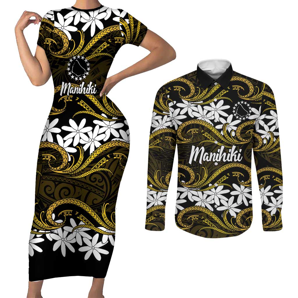 Personalised Cook Islands Manihiki Couples Matching Short Sleeve Bodycon Dress and Long Sleeve Button Shirt Tiare Maori Polynesian Waves Tattoo LT14 Gold - Polynesian Pride