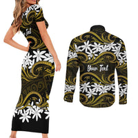 Personalised Cook Islands Manihiki Couples Matching Short Sleeve Bodycon Dress and Long Sleeve Button Shirt Tiare Maori Polynesian Waves Tattoo