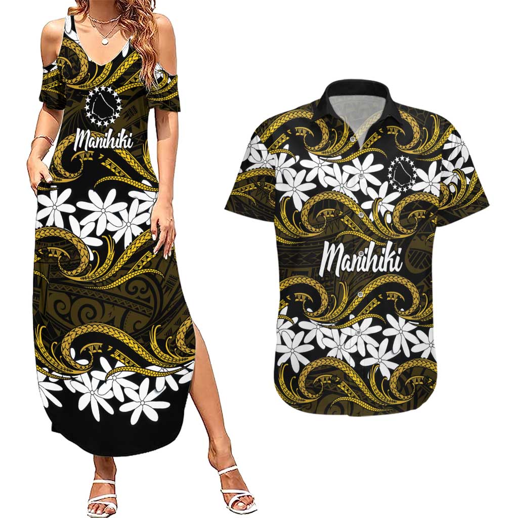 Personalised Cook Islands Manihiki Couples Matching Summer Maxi Dress and Hawaiian Shirt Tiare Maori Polynesian Waves Tattoo