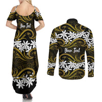 Personalised Cook Islands Manihiki Couples Matching Summer Maxi Dress and Long Sleeve Button Shirt Tiare Maori Polynesian Waves Tattoo