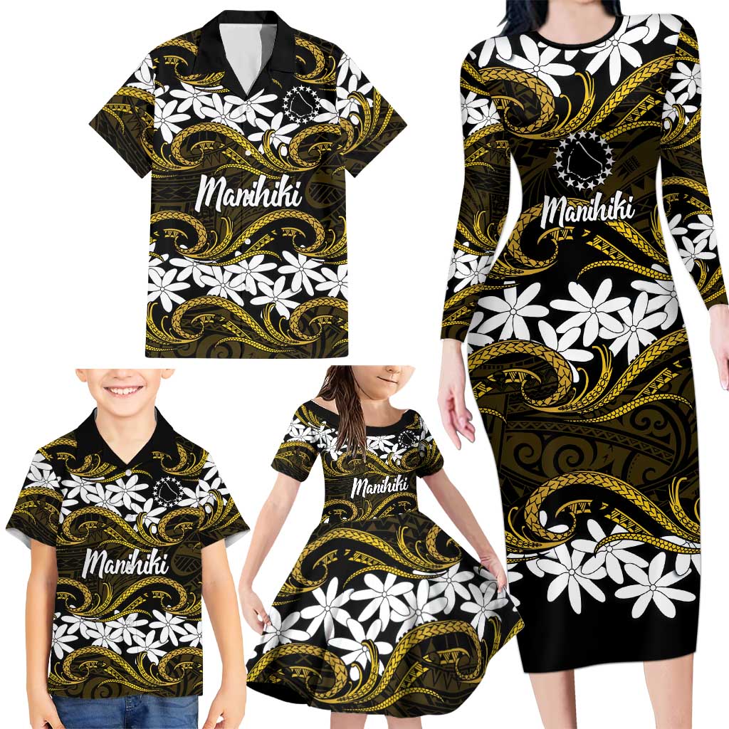 Personalised Cook Islands Manihiki Family Matching Long Sleeve Bodycon Dress and Hawaiian Shirt Tiare Maori Polynesian Waves Tattoo