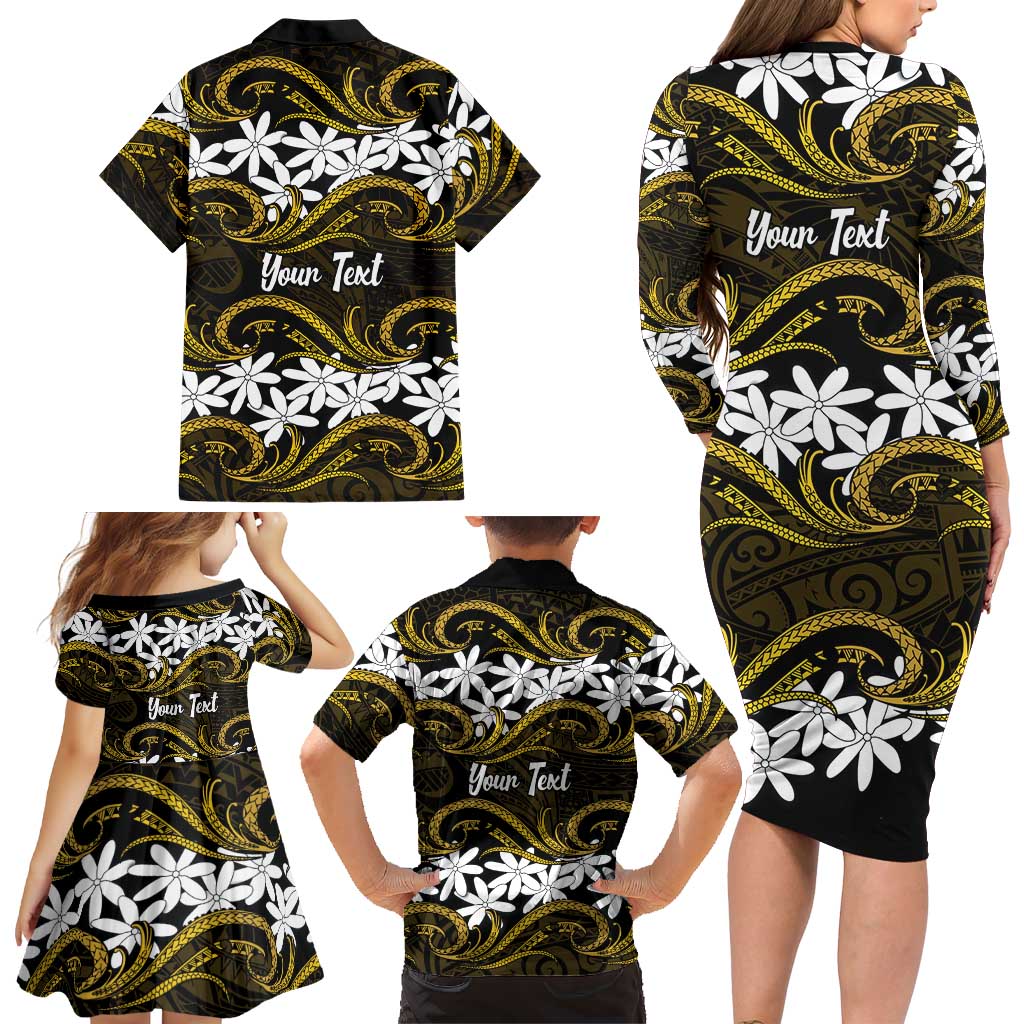 Personalised Cook Islands Manihiki Family Matching Long Sleeve Bodycon Dress and Hawaiian Shirt Tiare Maori Polynesian Waves Tattoo