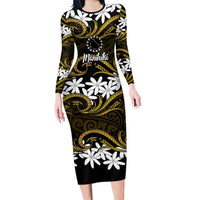Personalised Cook Islands Manihiki Family Matching Long Sleeve Bodycon Dress and Hawaiian Shirt Tiare Maori Polynesian Waves Tattoo