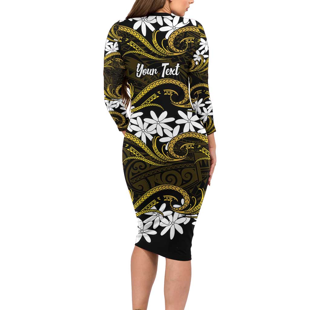 Personalised Cook Islands Manihiki Family Matching Long Sleeve Bodycon Dress and Hawaiian Shirt Tiare Maori Polynesian Waves Tattoo