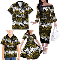 Personalised Cook Islands Manihiki Family Matching Off The Shoulder Long Sleeve Dress and Hawaiian Shirt Tiare Maori Polynesian Waves Tattoo