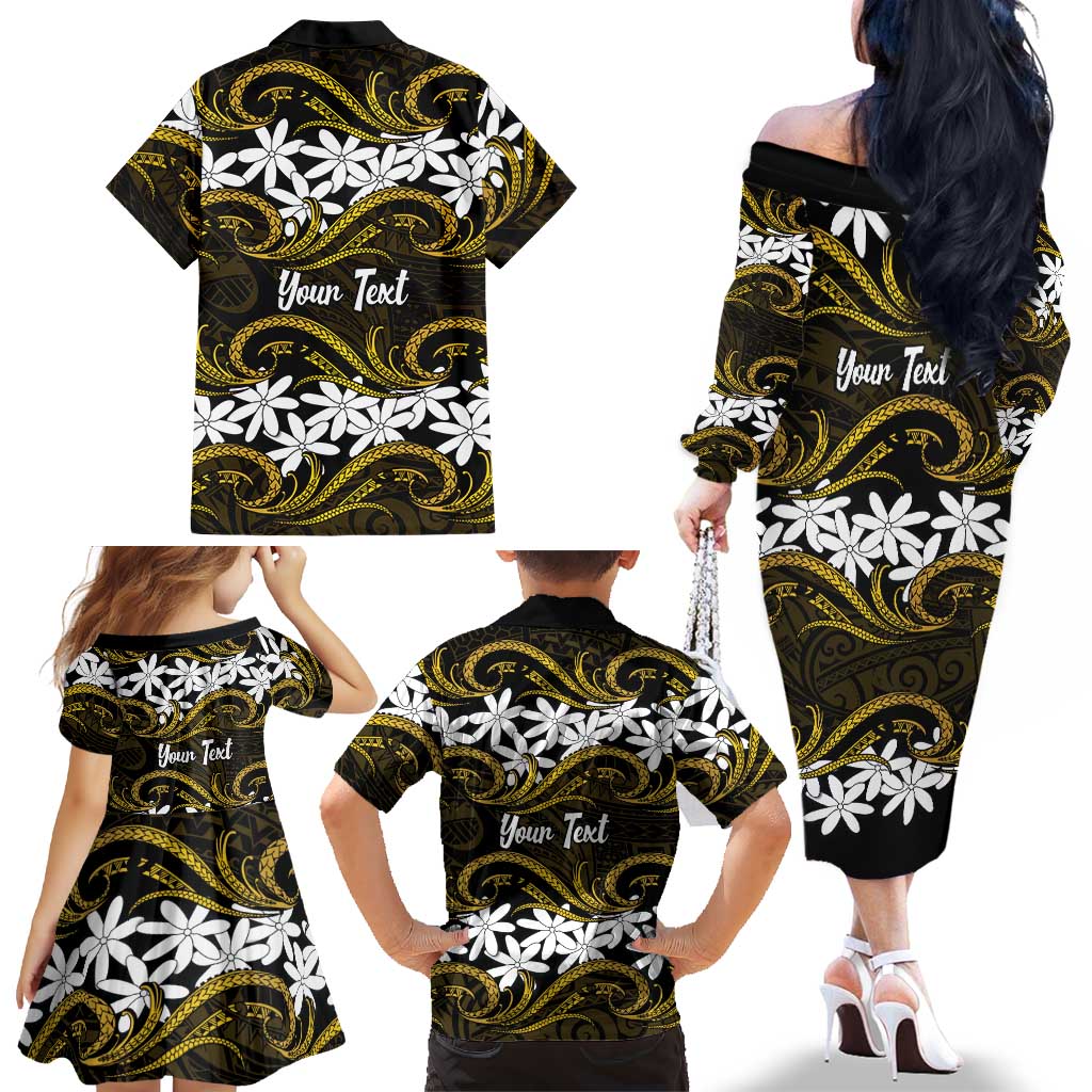 Personalised Cook Islands Manihiki Family Matching Off The Shoulder Long Sleeve Dress and Hawaiian Shirt Tiare Maori Polynesian Waves Tattoo