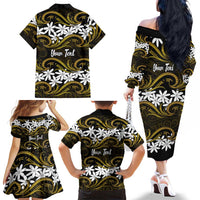 Personalised Cook Islands Manihiki Family Matching Off The Shoulder Long Sleeve Dress and Hawaiian Shirt Tiare Maori Polynesian Waves Tattoo