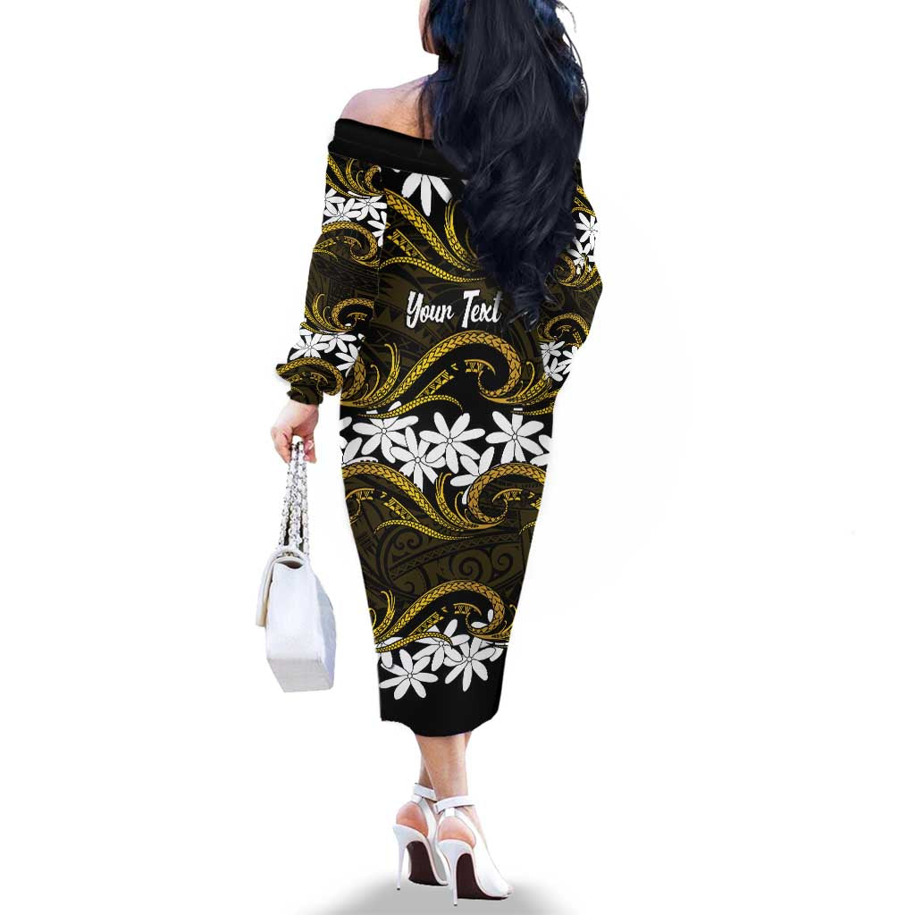 Personalised Cook Islands Manihiki Family Matching Off The Shoulder Long Sleeve Dress and Hawaiian Shirt Tiare Maori Polynesian Waves Tattoo