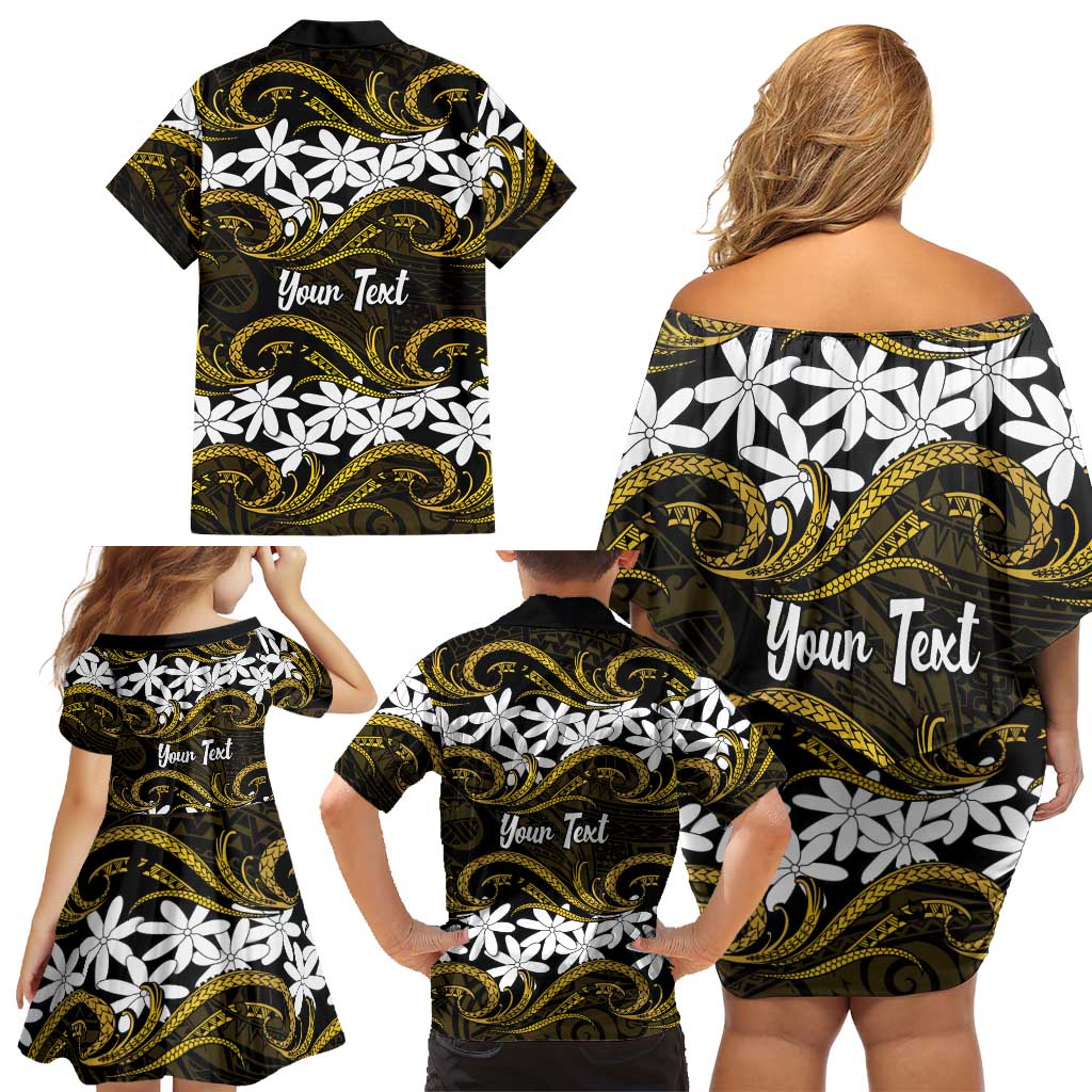 Personalised Cook Islands Manihiki Family Matching Off Shoulder Short Dress and Hawaiian Shirt Tiare Maori Polynesian Waves Tattoo