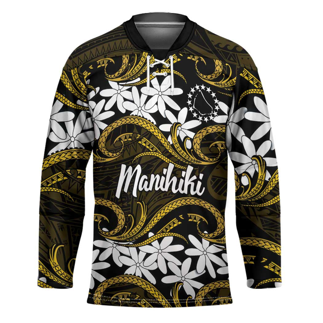 Personalised Cook Islands Manihiki Hockey Jersey Tiare Maori Polynesian Waves Tattoo LT14 Unisex Gold - Polynesian Pride
