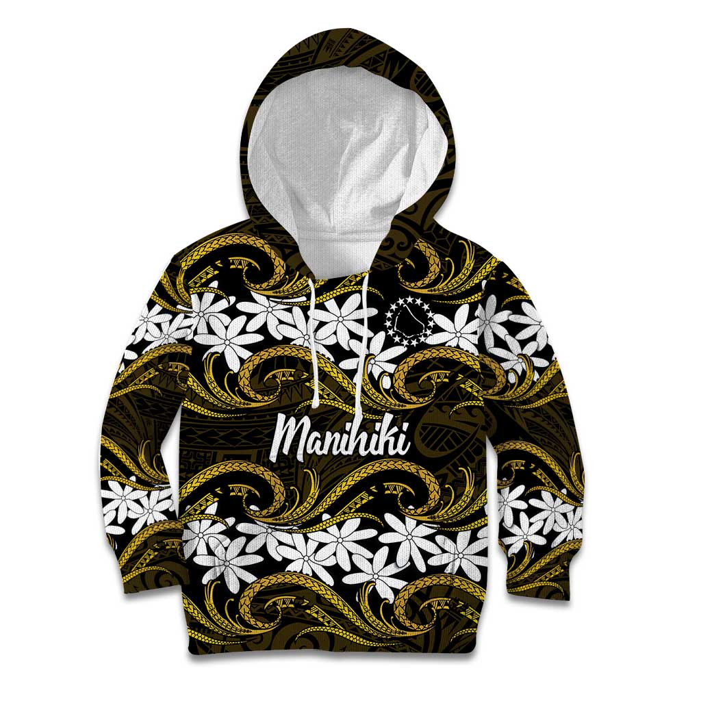 Personalised Cook Islands Manihiki Kid Hoodie Tiare Maori Polynesian Waves Tattoo LT14 Hoodie Gold - Polynesian Pride