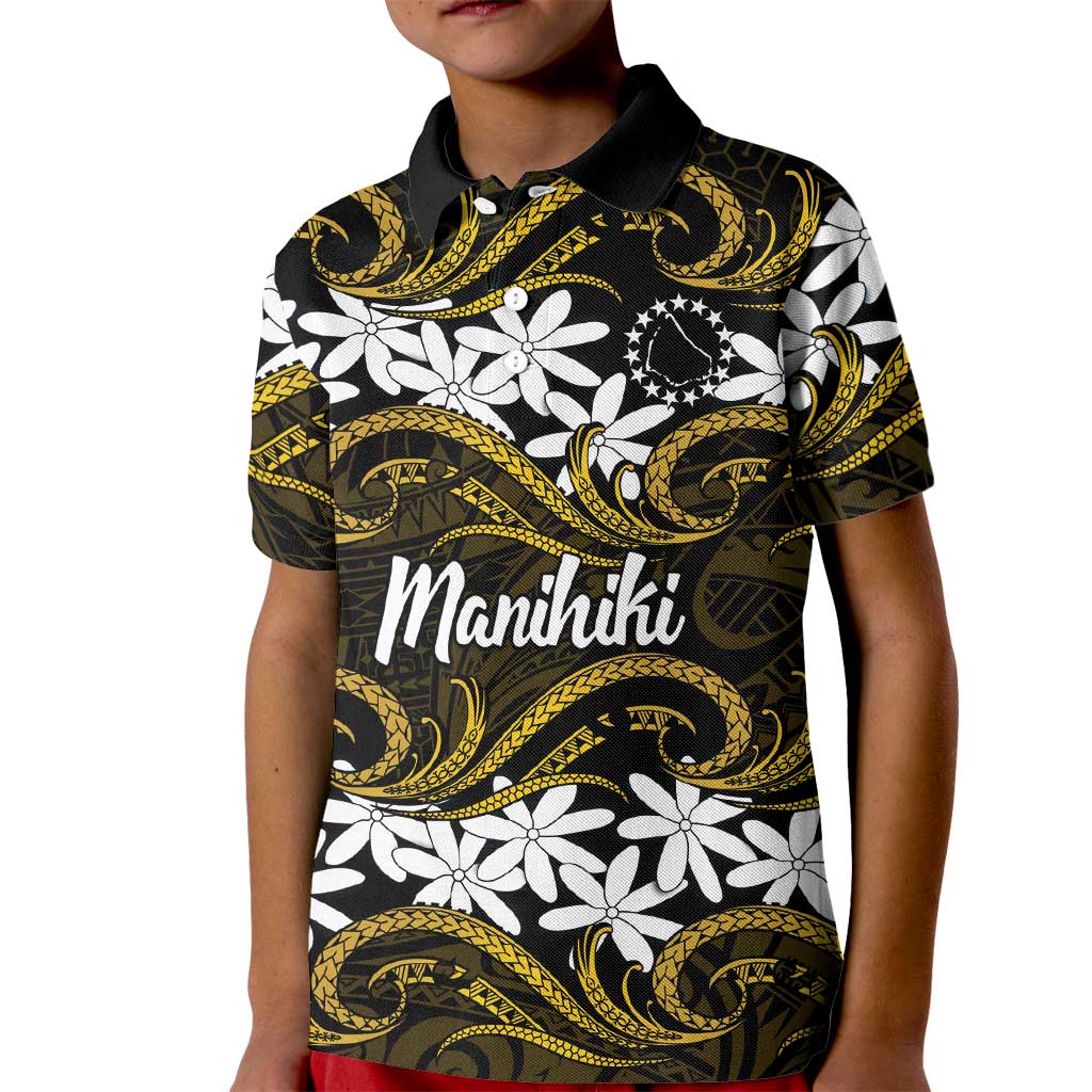 Personalised Cook Islands Manihiki Kid Polo Shirt Tiare Maori Polynesian Waves Tattoo LT14 Kid Gold - Polynesian Pride