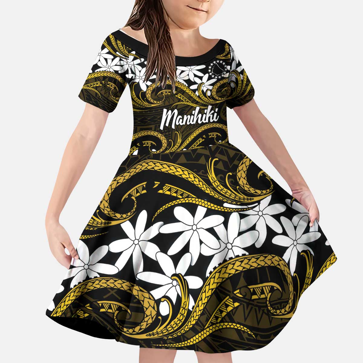 Personalised Cook Islands Manihiki Kid Short Sleeve Dress Tiare Maori Polynesian Waves Tattoo LT14 KID Gold - Polynesian Pride
