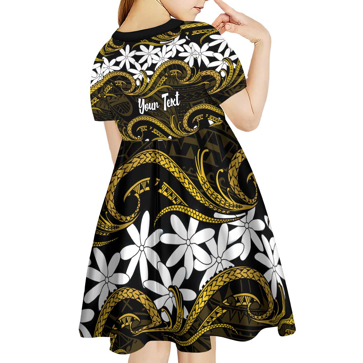 Personalised Cook Islands Manihiki Kid Short Sleeve Dress Tiare Maori Polynesian Waves Tattoo LT14 - Polynesian Pride