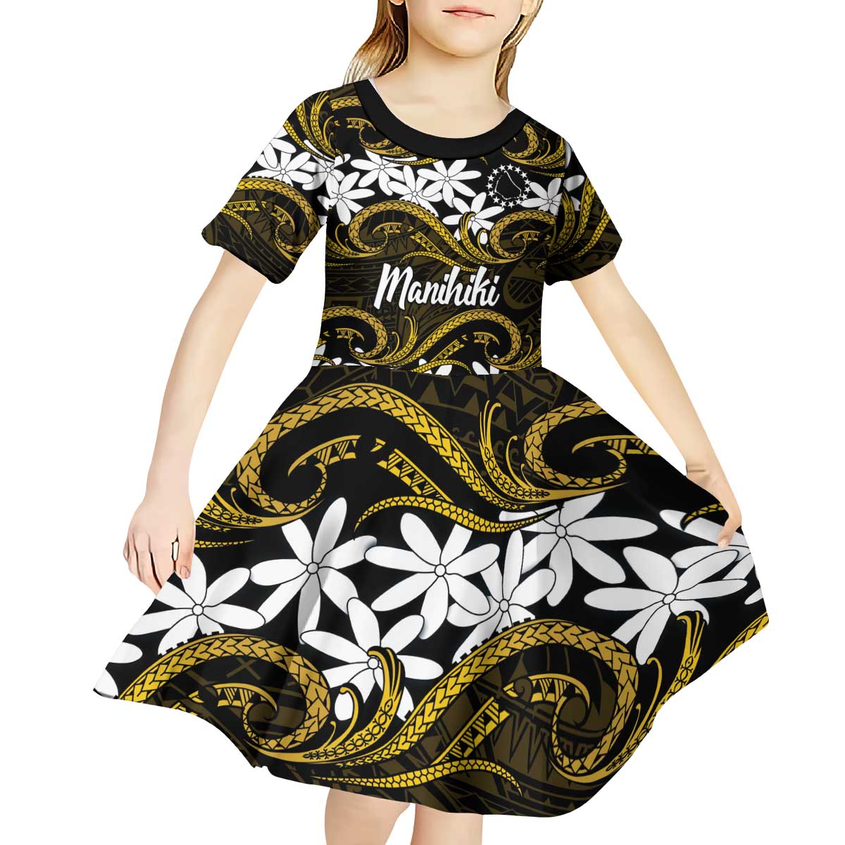 Personalised Cook Islands Manihiki Kid Short Sleeve Dress Tiare Maori Polynesian Waves Tattoo LT14 - Polynesian Pride