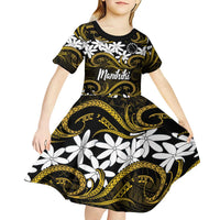 Personalised Cook Islands Manihiki Kid Short Sleeve Dress Tiare Maori Polynesian Waves Tattoo LT14 - Polynesian Pride