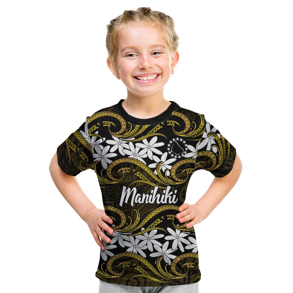 Personalised Cook Islands Manihiki Kid T Shirt Tiare Maori Polynesian Waves Tattoo LT14 Gold - Polynesian Pride