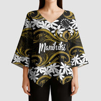 Personalised Cook Islands Manihiki Kimono Sleeve Blouse Tiare Maori Polynesian Waves Tattoo